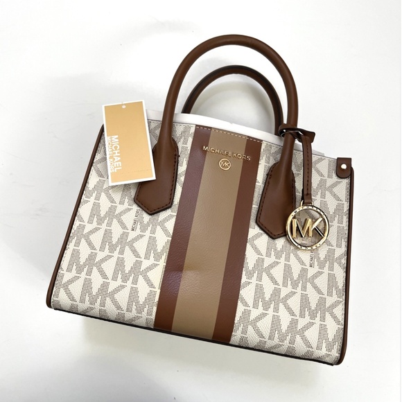 Michael Kors Center Stripe Small Maple Satchel Vanilla Brown Logo 38S2GIJS1B NWT - Picture 2 of 7